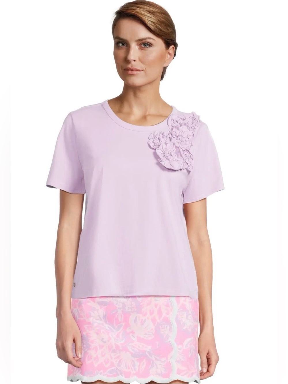 Lilly Pulitzer Clairmont Rosette Knit Top with Shoulder Floral Appliqué